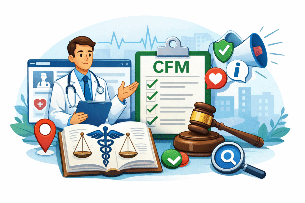 Marketing médico ético com médico, checklist do CFM e elementos digitais que representam estratégias seguras e regulamentadas.