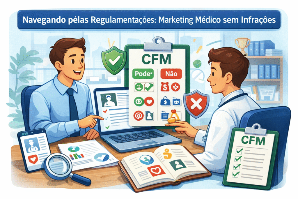 Ilustração de marketing médico conforme o CFM, mostrando agência e médico analisando o que pode e o que não pode ser feito no marketing médico de forma ética e segura.