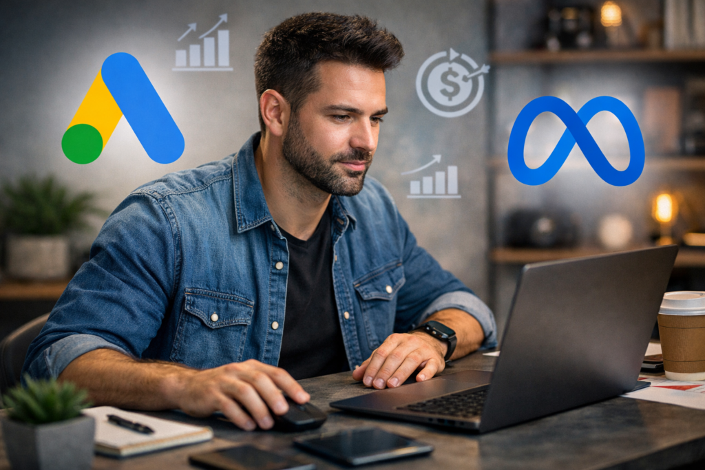 Como contratar um bom gestor de tráfego pago trabalhando no computador com símbolos do Google Ads e Meta Ads ao lado, analisando métricas e campanhas digitais.