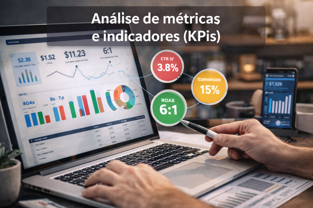 Análise de métricas e KPIs em campanhas de anúncios online com gráfico de ROAS, CTR e taxa de conversão exibidos na tela do notebook.