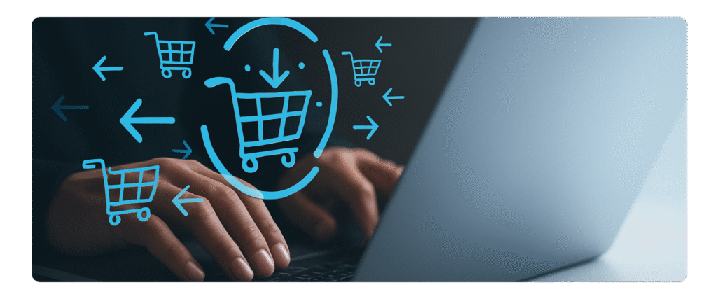 Como vender mais no e-commerce — mãos digitando em um notebook com ícones de carrinho de compras representando vendas online e estratégias de e-commerce.