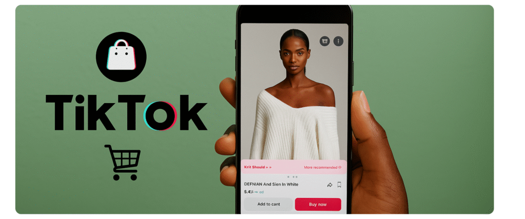 Imagem mostrando estratégias de vendas no TikTok Shop, com ícones de carrinho de compras, gráfico de crescimento e celular com o app do TikTok aberto, simbolizando aumento de vendas online.