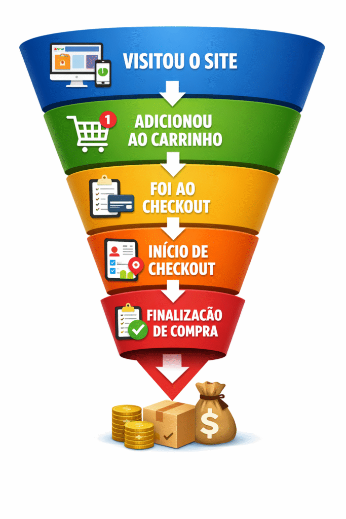 Funil de vendas e-commerce ilustrado com as etapas: visitou o site, adicionou ao carrinho, foi ao checkout, início de checkout e finalização de compra, representando a jornada do cliente e a otimização de tráfego pago.