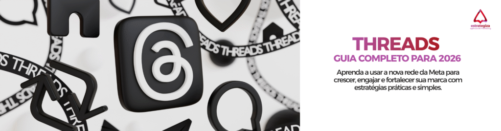 Ícone do Threads, rede social da Meta, com fundo em degradê de negro e informação das principais dúvidas de o que é threads do instagram e como funciona