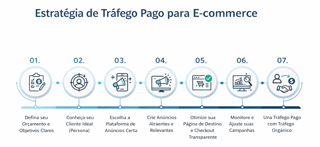 Timeline de tráfego pago para ecommerce mostrando as etapas da estratégia, do planejamento ao crescimento das vendas online