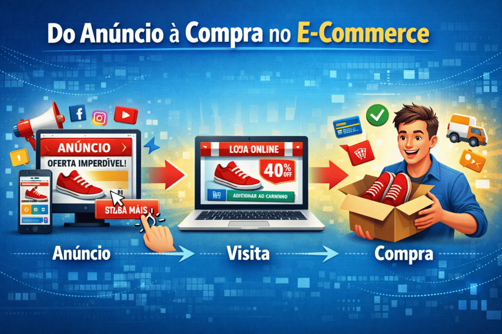 Fluxo de tráfego pago ecommerce mostrando o caminho do anúncio online até a compra na loja virtual